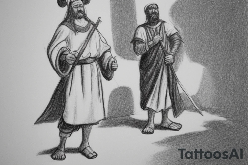 The man is dressed in simple clothes that are typical of the first century. He is wearing a long tunic, a mickey mouse hat, and sandals. His wears a white tunica. He is holding a thick shepherd's staff in his left hand and is walking to the left. The background is blank.

The drawing is done in black lines on a blank background. The lines are simple and delicate, and they capture the man's thin, wiry frame. He seems to be lost in thought as he walks to the left. tattoo idea