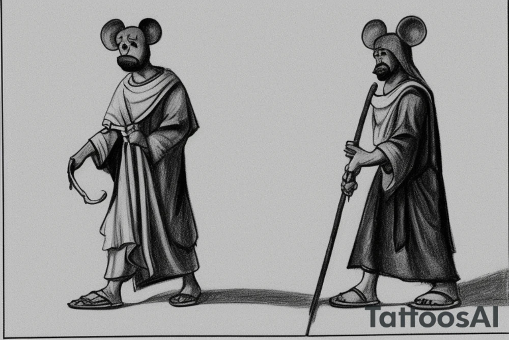 The man is dressed in simple clothes that are typical of the first century. He is wearing a long tunic, a mickey mouse hat, and sandals. His wears a white tunica. He is holding a thick shepherd's staff in his left hand and is walking to the left. The background is blank.

The drawing is done in black lines on a blank background. The lines are simple and delicate, and they capture the man's thin, wiry frame. He seems to be lost in thought as he walks to the left. tattoo idea