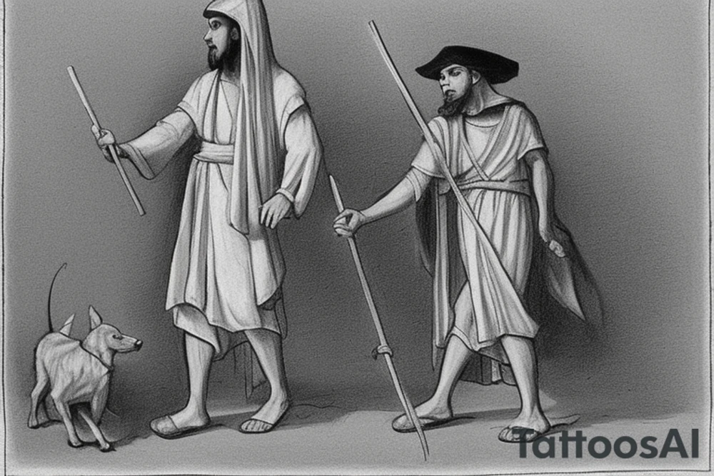 The man is dressed in simple clothes that are typical of the first century. He is wearing a long tunic, a mickey mouse hat, and sandals. His wears a white tunica. He is holding a thick shepherd's staff in his left hand and is walking to the left. The background is blank.

The drawing is done in black lines on a blank background. The lines are simple and delicate, and they capture the man's thin, wiry frame. He seems to be lost in thought as he walks to the left. tattoo idea