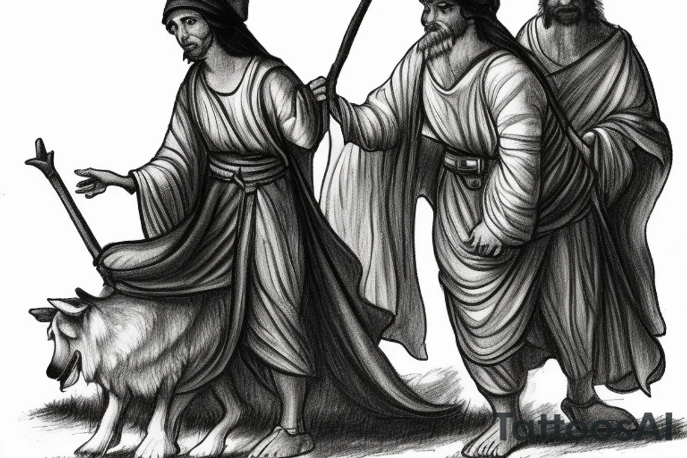 The man is dressed in simple clothes that are typical of the first century. He is wearing a long tunic, a mickey mouse hat, and sandals. His wears a white tunica. He is holding a thick shepherd's staff in his left hand and is walking to the left. The background is blank.

The drawing is done in black lines on a blank background. The lines are simple and delicate, and they capture the man's thin, wiry frame. He seems to be lost in thought as he walks to the left. tattoo idea