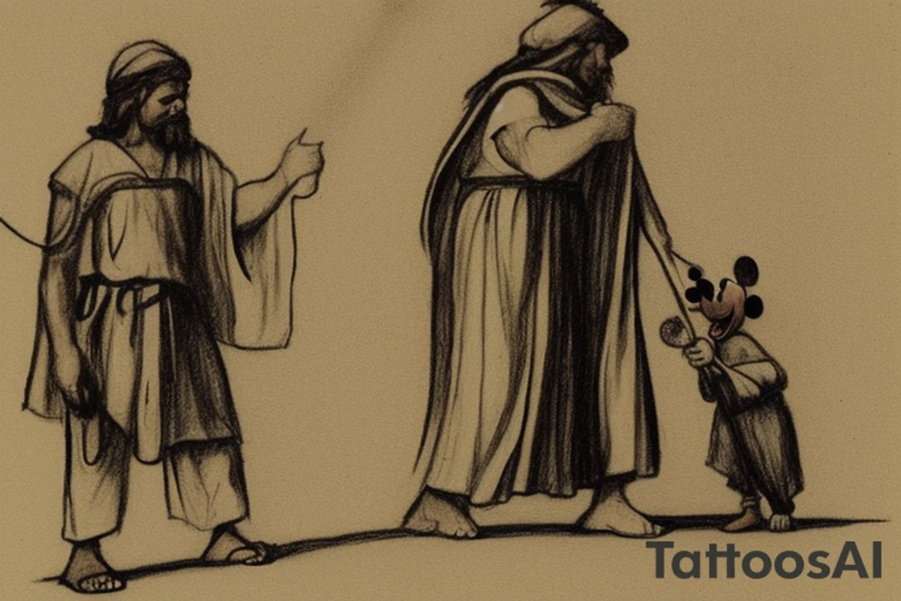 The man is dressed in simple clothes that are typical of the first century. He is wearing a long tunic, a mickey mouse hat, and sandals. His wears a white tunica. He is holding a thick shepherd's staff in his left hand and is walking to the left. The background is blank.

The drawing is done in black lines on a blank background. The lines are simple and delicate, and they capture the man's thin, wiry frame. He seems to be lost in thought as he walks to the left. tattoo idea