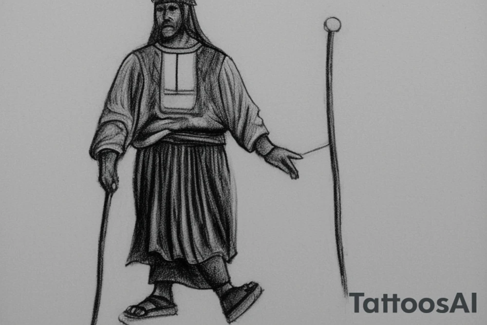 The man is dressed in simple clothes that are typical of the first century. He is wearing a long tunic, a mickey mouse hat, and sandals. His wears a white tunica. He is holding a thick shepherd's staff in his left hand and is walking to the left. The background is blank.

The drawing is done in black lines on a blank background. The lines are simple and delicate, and they capture the man's thin, wiry frame. He seems to be lost in thought as he walks to the left. tattoo idea