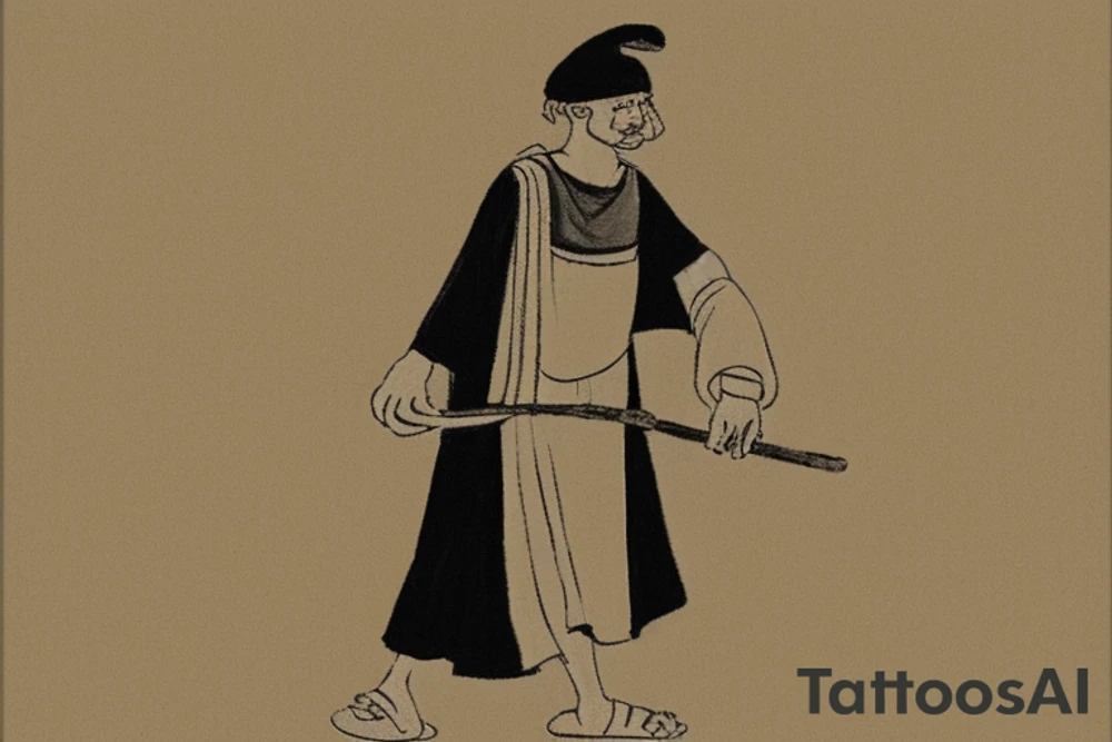 The man is dressed in simple clothes that are typical of the first century. He is wearing a long tunic, a mickey mouse hat, and sandals. His wears a white tunica. He is holding a thick shepherd's staff in his left hand and is walking to the left. The background is blank.

The drawing is done in black lines on a blank background. The lines are simple and delicate, and they capture the man's thin, wiry frame. He seems to be lost in thought as he walks to the left. tattoo idea