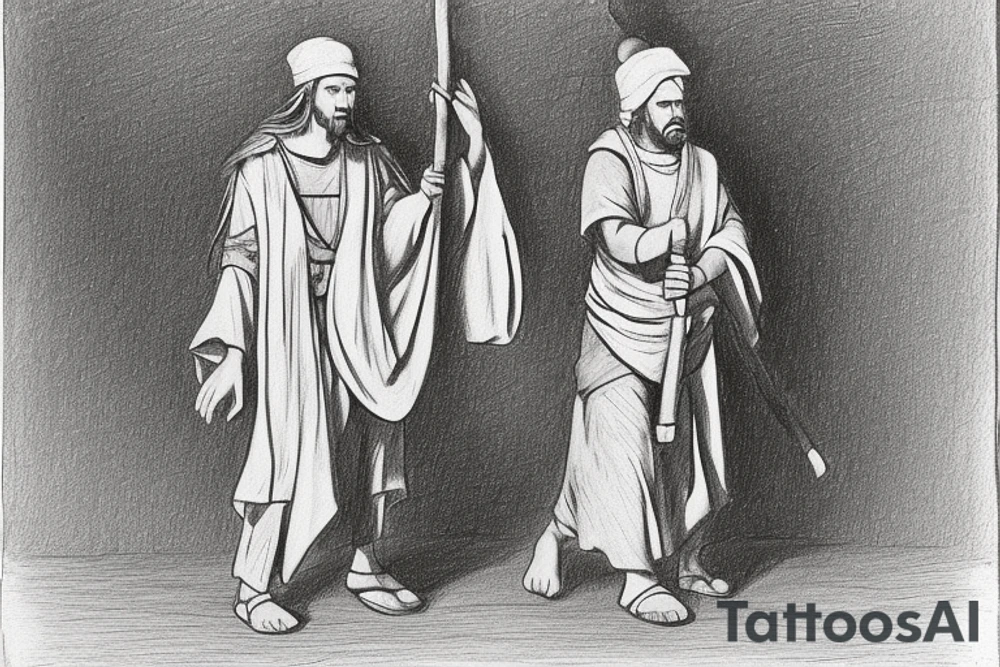 The man is dressed in simple clothes that are typical of the first century. He is wearing a long tunic, a mickey mouse hat, and sandals. His wears a white tunica. He is holding a thick shepherd's staff in his left hand and is walking to the left. The background is blank.

The drawing is done in black lines on a blank background. The lines are simple and delicate, and they capture the man's thin, wiry frame. He seems to be lost in thought as he walks to the left. tattoo idea