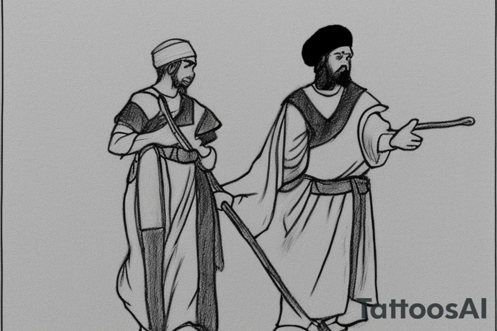 The man is dressed in simple clothes that are typical of the first century. He is wearing a long tunic, a mickey mouse hat, and sandals. His wears a white tunica. He is holding a thick shepherd's staff in his left hand and is walking to the left. The background is blank.

The drawing is done in black lines on a blank background. The lines are simple and delicate, and they capture the man's thin, wiry frame. He seems to be lost in thought as he walks to the left. tattoo idea