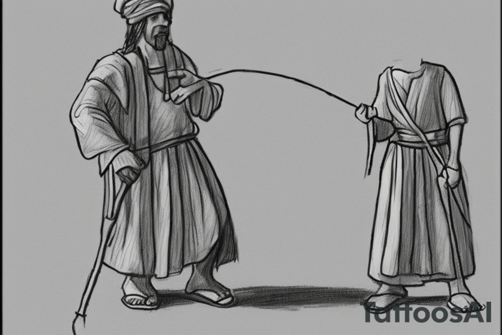 The man is dressed in simple clothes that are typical of the first century. He is wearing a long tunic, a mickey mouse hat, and sandals. His wears a white tunica. He is holding a thick shepherd's staff in his left hand and is walking to the left. The background is blank.

The drawing is done in black lines on a blank background. The lines are simple and delicate, and they capture the man's thin, wiry frame. He seems to be lost in thought as he walks to the left. tattoo idea