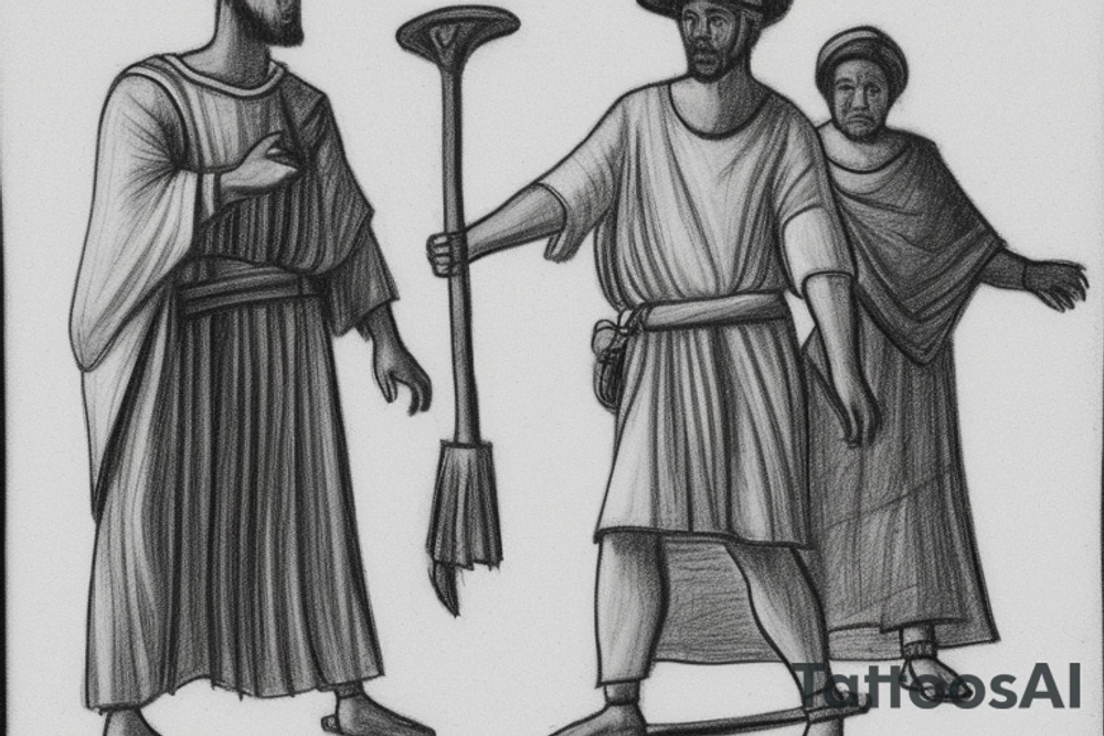 The man is dressed in simple clothes that are typical of the first century. He is wearing a long tunic, a white hat, and sandals. Hi wears a white tunica. He is holding a thick shepherd's staff in his left hand and is walking to the left. The background is blank.

The drawing is done in black lines on a blank background. The lines are simple and delicate, and they capture the man's thin, wiry frame. He seems to be lost in thought as he walks to the left.

The drawing has a sense of timelessness. The man's clothes are typical of the first century, but the drawing could have been made any time in the past 2,000 years. The blank background also contributes to the sense of timelessness. The man is walking facing the left. tattoo idea