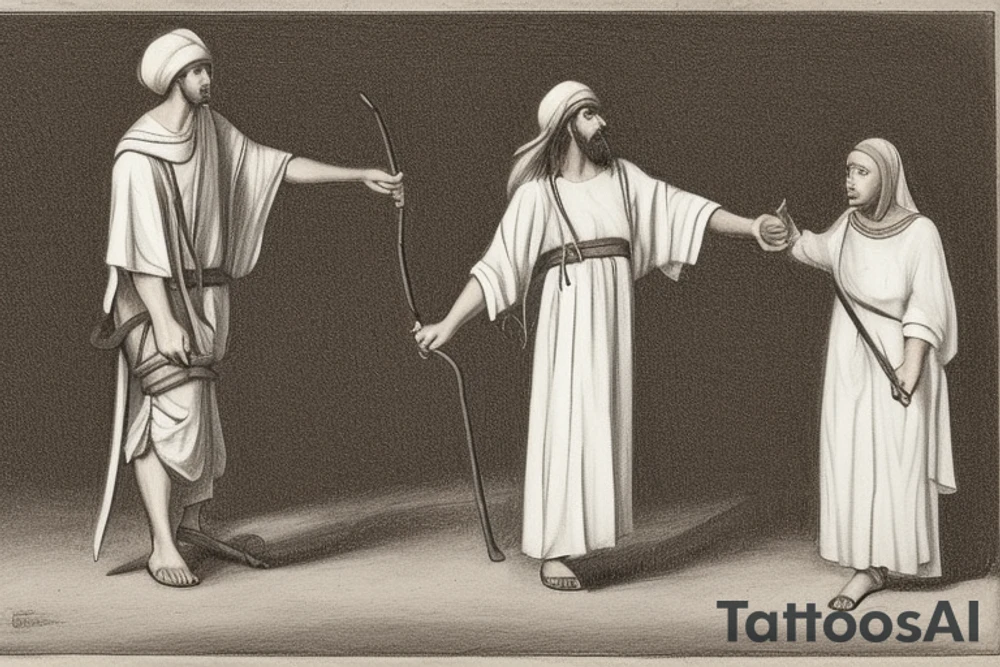 The man is dressed in simple clothes that are typical of the first century. He is wearing a long tunic, a white hat, and sandals. Hi wears a white tunica. He is holding a thick shepherd's staff in his left hand and is walking to the left. The background is blank.

The drawing is done in black lines on a blank background. The lines are simple and delicate, and they capture the man's thin, wiry frame. He seems to be lost in thought as he walks to the left.

The drawing has a sense of timelessness. The man's clothes are typical of the first century, but the drawing could have been made any time in the past 2,000 years. The blank background also contributes to the sense of timelessness. The man is walking facing the left. tattoo idea