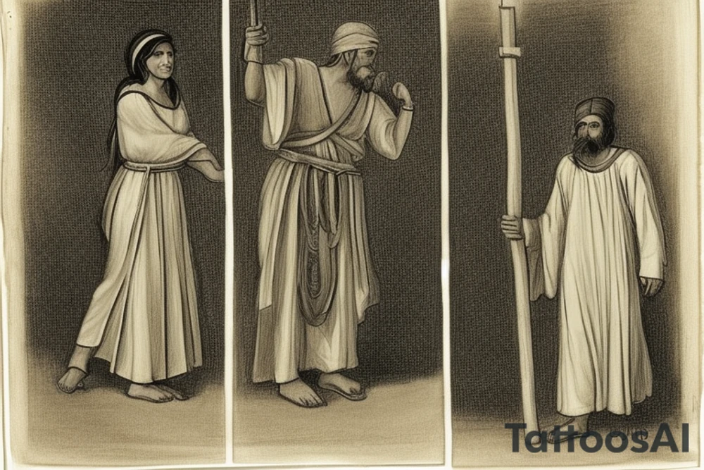 The man is dressed in simple clothes that are typical of the first century. He is wearing a long tunic, a white hat, and sandals. Hi wears a white tunica. He is holding a thick shepherd's staff in his left hand and is walking to the left. The background is blank.

The drawing is done in black lines on a blank background. The lines are simple and delicate, and they capture the man's thin, wiry frame. He seems to be lost in thought as he walks to the left.

The drawing has a sense of timelessness. The man's clothes are typical of the first century, but the drawing could have been made any time in the past 2,000 years. The blank background also contributes to the sense of timelessness. The man is walking facing the left. tattoo idea
