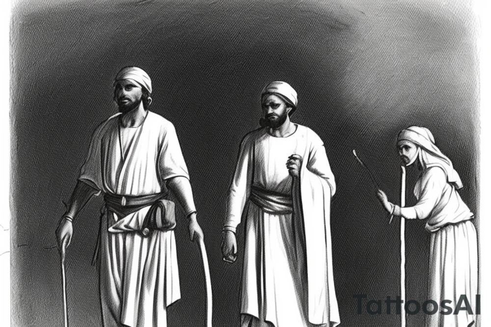 The man is dressed in simple clothes that are typical of the first century. He is wearing a long tunic, a white hat, and sandals. Hi wears a white tunica. He is holding a thick shepherd's staff in his left hand and is walking to the left. The background is blank.

The drawing is done in black lines on a blank background. The lines are simple and delicate, and they capture the man's thin, wiry frame. He seems to be lost in thought as he walks to the left.

The drawing has a sense of timelessness. The man's clothes are typical of the first century, but the drawing could have been made any time in the past 2,000 years. The blank background also contributes to the sense of timelessness. The man is walking facing the left. tattoo idea