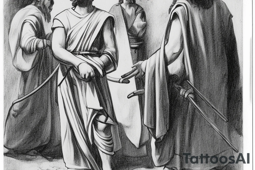 The man is dressed in simple clothes that are typical of the first century. He is wearing a long tunic, a white hat, and sandals. Hi wears a white tunica. He is holding a thick shepherd's staff in his left hand and is walking to the left. The background is blank.

The drawing is done in black lines on a blank background. The lines are simple and delicate, and they capture the man's thin, wiry frame. He seems to be lost in thought as he walks to the left.

The drawing has a sense of timelessness. The man's clothes are typical of the first century, but the drawing could have been made any time in the past 2,000 years. The blank background also contributes to the sense of timelessness. The man is walking facing the left. tattoo idea