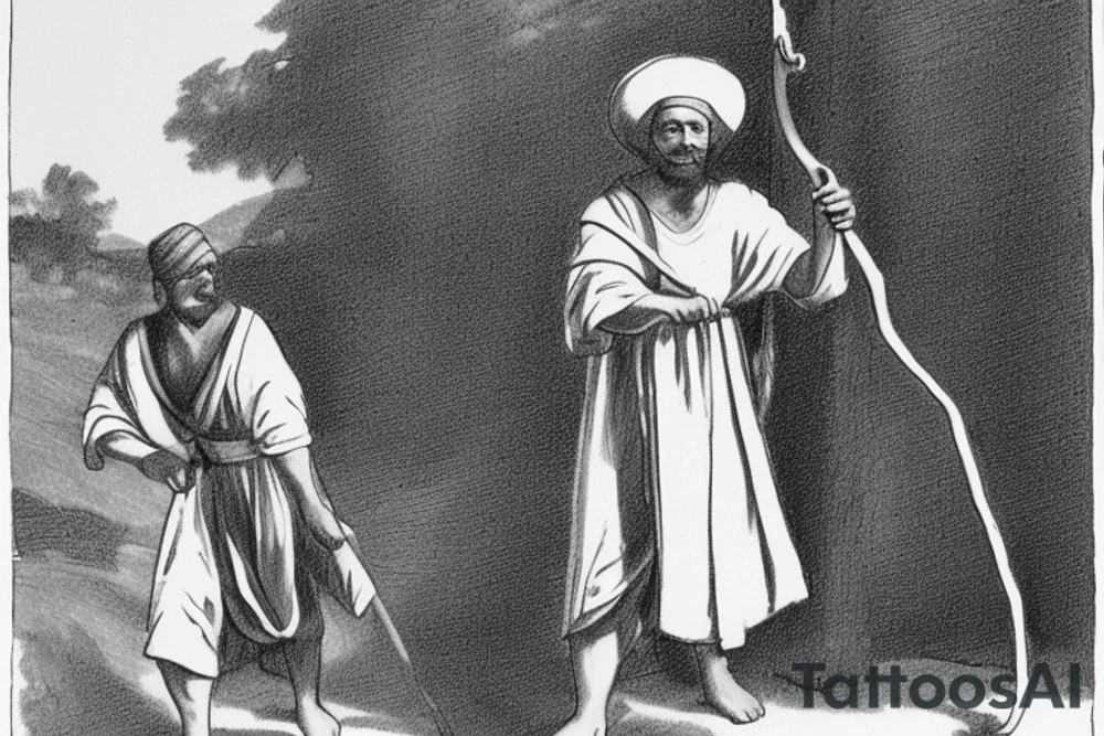 The man is dressed in simple clothes that are typical of the first century. He is wearing a long tunic, a white hat, and sandals. Hi wears a white tunica. He is holding a thick shepherd's staff in his left hand and is walking to the left. The background is blank.

The drawing is done in black lines on a blank background. The lines are simple and delicate, and they capture the man's thin, wiry frame. He seems to be lost in thought as he walks to the left.

The drawing has a sense of timelessness. The man's clothes are typical of the first century, but the drawing could have been made any time in the past 2,000 years. The blank background also contributes to the sense of timelessness. The man is walking facing the left. tattoo idea
