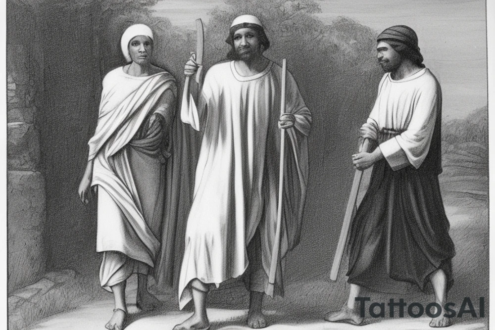 The man is dressed in simple clothes that are typical of the first century. He is wearing a long tunic, a white hat, and sandals. Hi wears a white tunica. He is holding a thick shepherd's staff in his left hand and is walking to the left. The background is blank.

The drawing is done in black lines on a blank background. The lines are simple and delicate, and they capture the man's thin, wiry frame. He seems to be lost in thought as he walks to the left.

The drawing has a sense of timelessness. The man's clothes are typical of the first century, but the drawing could have been made any time in the past 2,000 years. The blank background also contributes to the sense of timelessness. The man is walking facing the left. tattoo idea
