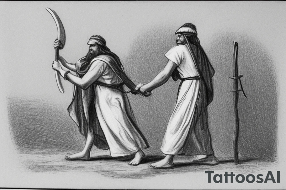 The man is dressed in simple clothes that are typical of the first century. He is wearing a long tunic, a white hat, and sandals. Hi wears a white tunica. He is holding a thick shepherd's staff in his left hand and is walking to the left. The background is blank.

The drawing is done in black lines on a blank background. The lines are simple and delicate, and they capture the man's thin, wiry frame. He seems to be lost in thought as he walks to the left.

The drawing has a sense of timelessness. The man's clothes are typical of the first century, but the drawing could have been made any time in the past 2,000 years. The blank background also contributes to the sense of timelessness. The man is walking facing the left. tattoo idea