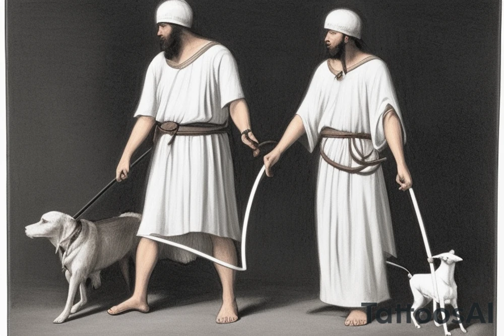 The man is dressed in simple clothes that are typical of the first century. He is wearing a long tunic, a white hat, and sandals. Hi wears a white tunica. He is holding a thick shepherd's staff in his left hand and is walking to the left. The background is blank.

The drawing is done in black lines on a blank background. The lines are simple and delicate, and they capture the man's thin, wiry frame. He seems to be lost in thought as he walks to the left.

The drawing has a sense of timelessness. The man's clothes are typical of the first century, but the drawing could have been made any time in the past 2,000 years. The blank background also contributes to the sense of timelessness. The man is walking facing the left. tattoo idea