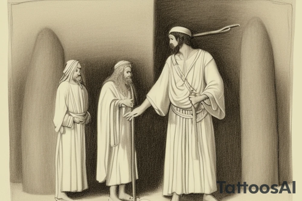 The man is dressed in simple clothes that are typical of the first century. He is wearing a long tunic, a white hat, and sandals. Hi wears a white tunica. He is holding a thick shepherd's staff in his left hand and is walking to the left. The background is blank.

The drawing is done in black lines on a blank background. The lines are simple and delicate, and they capture the man's thin, wiry frame. He seems to be lost in thought as he walks to the left.

The drawing has a sense of timelessness. The man's clothes are typical of the first century, but the drawing could have been made any time in the past 2,000 years. The blank background also contributes to the sense of timelessness. The man is walking facing the left. tattoo idea