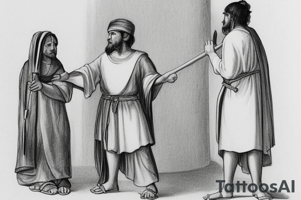 The man is dressed in simple clothes that are typical of the first century. He is wearing a long tunic, a white hat, and sandals. Hi wears a white tunica. He is holding a thick shepherd's staff in his left hand and is walking to the left. The background is blank.

The drawing is done in black lines on a blank background. The lines are simple and delicate, and they capture the man's thin, wiry frame. He seems to be lost in thought as he walks to the left.

The drawing has a sense of timelessness. The man's clothes are typical of the first century, but the drawing could have been made any time in the past 2,000 years. The blank background also contributes to the sense of timelessness. The man is walking facing the left. tattoo idea