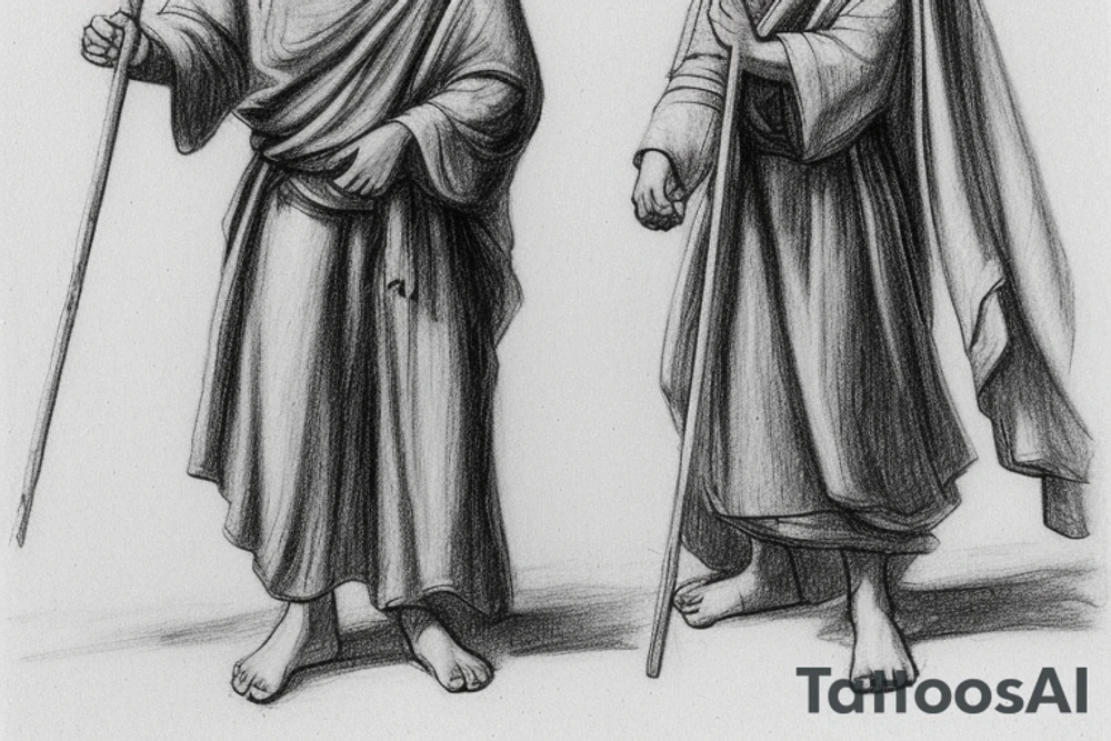 The man is dressed in simple clothes that are typical of the first century. He is wearing a long tunic, a white hat, and sandals. Hi wears a white tunica. He is holding a thick shepherd's staff in his left hand and is walking to the left. The background is blank.

The drawing is done in black lines on a blank background. The lines are simple and delicate, and they capture the man's thin, wiry frame. He seems to be lost in thought as he walks to the left.

The drawing has a sense of timelessness. The man's clothes are typical of the first century, but the drawing could have been made any time in the past 2,000 years. The blank background also contributes to the sense of timelessness. The man is walking facing the left. tattoo idea