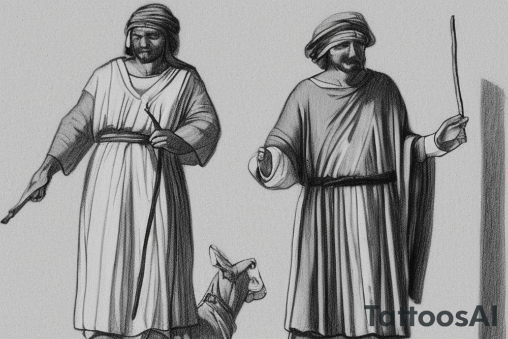 The man is dressed in simple clothes that are typical of the first century. He is wearing a long tunic, a white hat, and sandals. Hi wears a white tunica. He is holding a thick shepherd's staff in his left hand and is walking to the left. The background is blank.

The drawing is done in black lines on a blank background. The lines are simple and delicate, and they capture the man's thin, wiry frame. He seems to be lost in thought as he walks to the left.

The drawing has a sense of timelessness. The man's clothes are typical of the first century, but the drawing could have been made any time in the past 2,000 years. The blank background also contributes to the sense of timelessness. The man is walking facing the left. tattoo idea