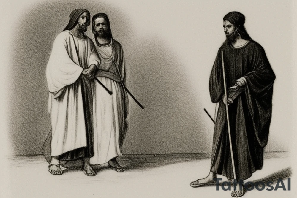 The man is dressed in simple clothes that are typical of the first century. He is wearing a long tunic, a white hat, and sandals. Hi wears a white tunica. He is holding a thick shepherd's staff in his left hand and is walking to the left. The background is blank.

The drawing is done in black lines on a blank background. The lines are simple and delicate, and they capture the man's thin, wiry frame. He seems to be lost in thought as he walks to the left.

The drawing has a sense of timelessness. The man's clothes are typical of the first century, but the drawing could have been made any time in the past 2,000 years. The blank background also contributes to the sense of timelessness. The man is walking facing the left. tattoo idea