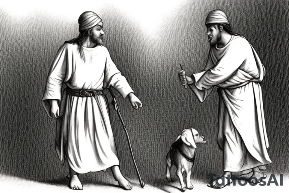 The man is dressed in simple clothes that are typical of the first century. He is wearing a long tunic, a white hat, and sandals. Hi wears a white tunica. He is holding a thick shepherd's staff in his left hand and is walking to the left. The background is blank.

The drawing is done in black lines on a blank background. The lines are simple and delicate, and they capture the man's thin, wiry frame. He seems to be lost in thought as he walks to the left.

The drawing has a sense of timelessness. The man's clothes are typical of the first century, but the drawing could have been made any time in the past 2,000 years. The blank background also contributes to the sense of timelessness. The man is walking facing the left. tattoo idea