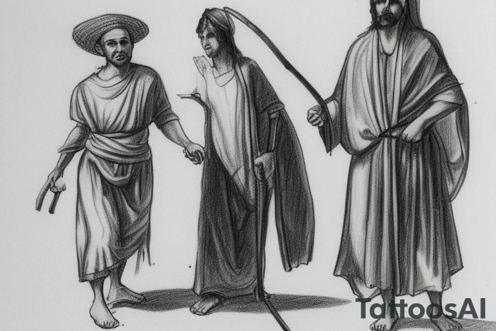 The man is dressed in simple clothes that are typical of the first century. He is wearing a long tunic, a white hat, and sandals. Hi wears a white tunica. He is holding a thick shepherd's staff in his left hand and is walking to the left. The background is blank.

The drawing is done in black lines on a blank background. The lines are simple and delicate, and they capture the man's thin, wiry frame. He seems to be lost in thought as he walks to the left.

The drawing has a sense of timelessness. The man's clothes are typical of the first century, but the drawing could have been made any time in the past 2,000 years. The blank background also contributes to the sense of timelessness. The man is walking facing the left. tattoo idea