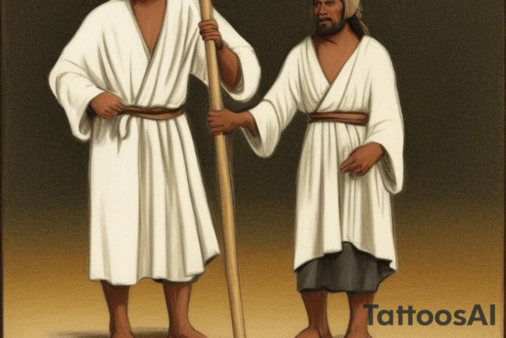 The man is dressed in simple clothes that are typical of the first century. He is wearing a long tunic, a white hat, and sandals. Hi wears a white tunica. He is holding a thick shepherd's staff in his left hand and is walking to the left. The background is blank.

The drawing is done in black lines on a blank background. The lines are simple and delicate, and they capture the man's thin, wiry frame. He seems to be lost in thought as he walks to the left.

The drawing has a sense of timelessness. The man's clothes are typical of the first century, but the drawing could have been made any time in the past 2,000 years. The blank background also contributes to the sense of timelessness. The man is walking facing the left. tattoo idea