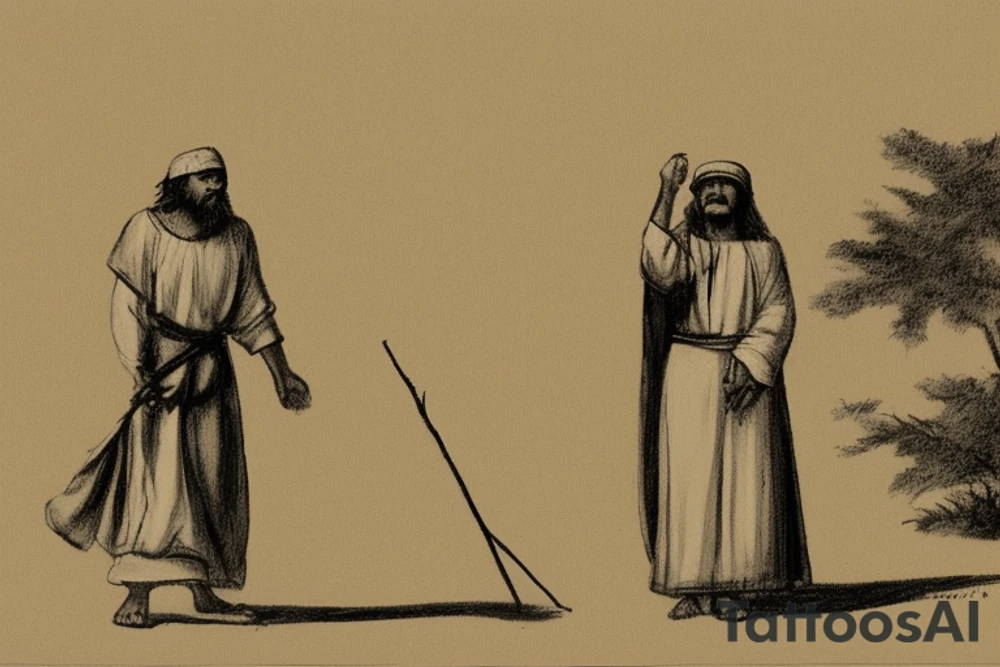 The man is dressed in simple clothes that are typical of the first century. He is wearing a long tunic, a white hat, and sandals. Hi wears a white tunica. He is holding a thick shepherd's staff in his left hand and is walking to the left. The background is blank.

The drawing is done in black lines on a blank background. The lines are simple and delicate, and they capture the man's thin, wiry frame. He seems to be lost in thought as he walks to the left.

The drawing has a sense of timelessness. The man's clothes are typical of the first century, but the drawing could have been made any time in the past 2,000 years. The blank background also contributes to the sense of timelessness. The man is walking facing the left. tattoo idea