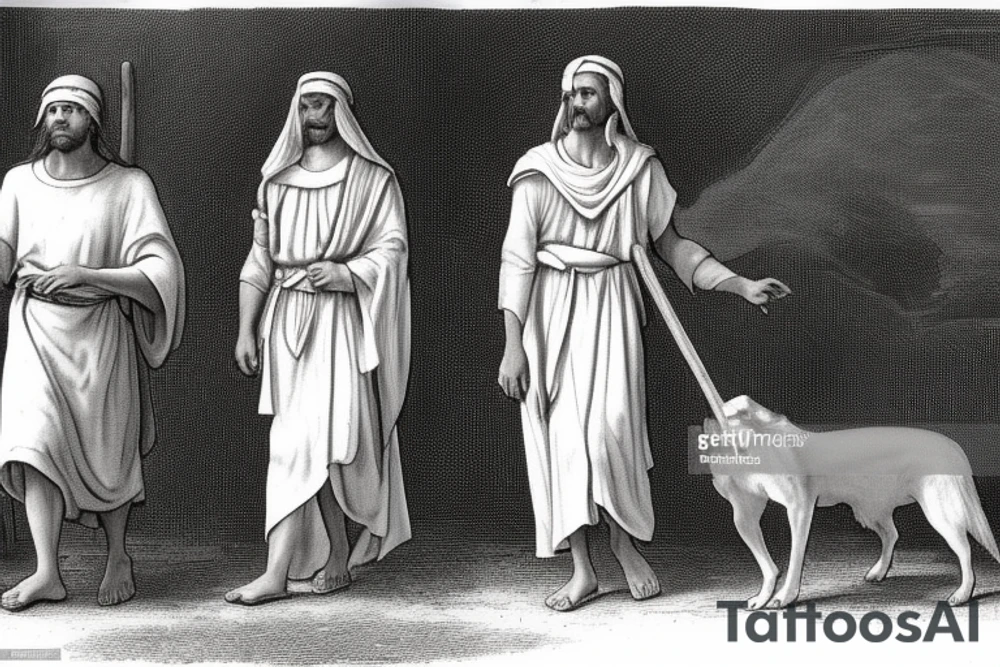 The man is dressed in simple clothes that are typical of the first century. He is wearing a long tunic, a white hat, and sandals. Hi wears a white tunica. He is holding a thick shepherd's staff in his left hand and is walking to the left. The background is blank.

The drawing is done in black lines on a blank background. The lines are simple and delicate, and they capture the man's thin, wiry frame. He seems to be lost in thought as he walks to the left.

The drawing has a sense of timelessness. The man's clothes are typical of the first century, but the drawing could have been made any time in the past 2,000 years. The blank background also contributes to the sense of timelessness. The man is walking facing the left. tattoo idea