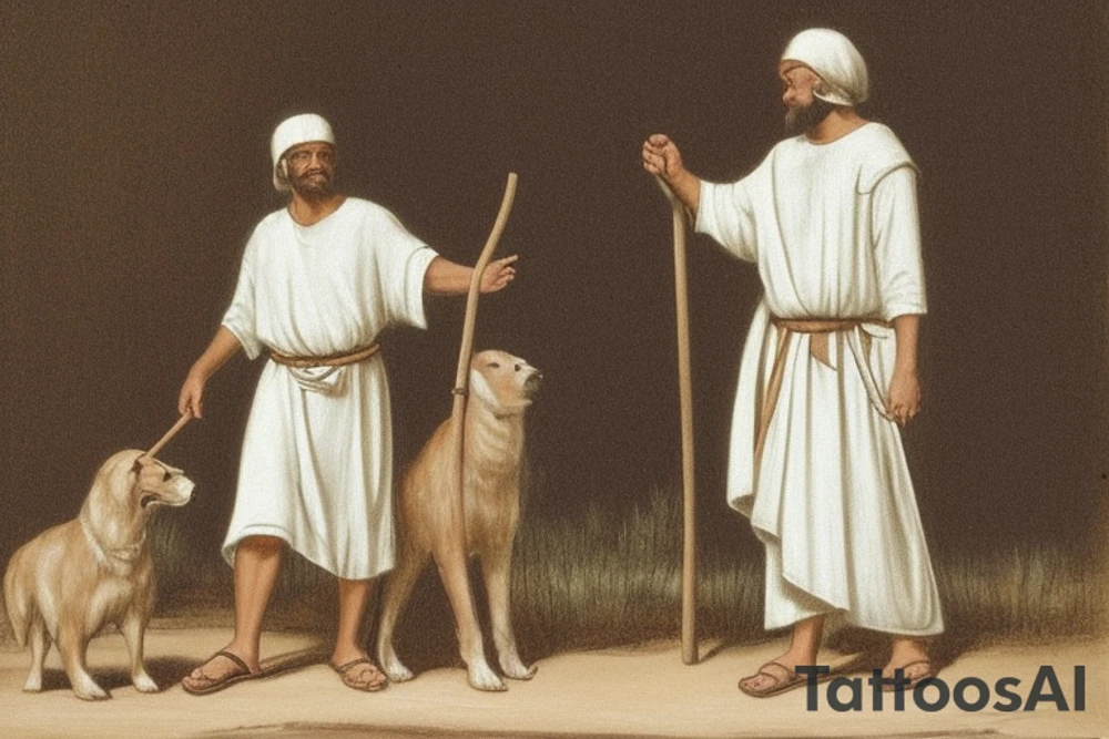 The man is dressed in simple clothes that are typical of the first century. He is wearing a long tunic, a white hat, and sandals. Hi wears a white tunica. He is holding a thick shepherd's staff in his left hand and is walking to the left. The background is blank.

The drawing is done in black lines on a blank background. The lines are simple and delicate, and they capture the man's thin, wiry frame. He seems to be lost in thought as he walks to the left.

The drawing has a sense of timelessness. The man's clothes are typical of the first century, but the drawing could have been made any time in the past 2,000 years. The blank background also contributes to the sense of timelessness. The man is walking facing the left. tattoo idea