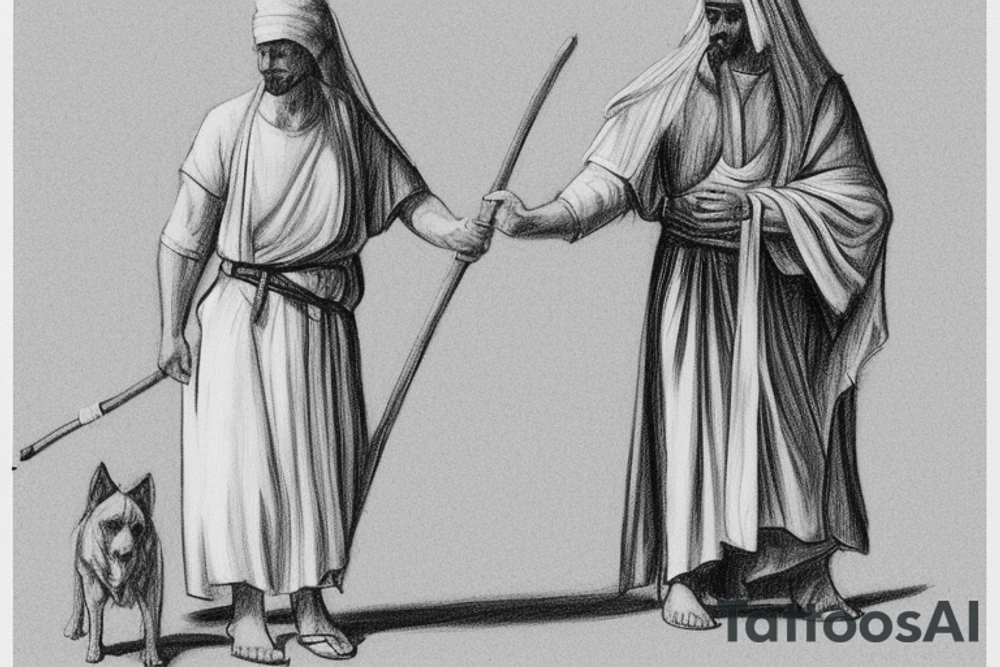 The man is dressed in simple clothes that are typical of the first century. He is wearing a long tunic, a white hat, and sandals. Hi wears a white tunica. He is holding a thick shepherd's staff in his left hand and is walking to the left. The background is blank.

The drawing is done in black lines on a blank background. The lines are simple and delicate, and they capture the man's thin, wiry frame. He seems to be lost in thought as he walks to the left.

The drawing has a sense of timelessness. The man's clothes are typical of the first century, but the drawing could have been made any time in the past 2,000 years. The blank background also contributes to the sense of timelessness. The man is walking facing the left. tattoo idea