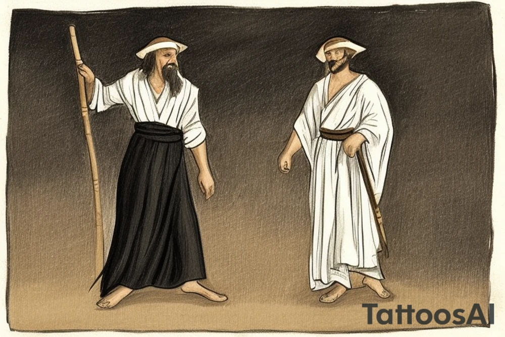 The man is dressed in simple clothes that are typical of the first century. He is wearing a long tunic, a white hat, and sandals. Hi wears a white tunica. He is holding a thick shepherd's staff in his left hand and is walking to the left. The background is blank.

The drawing is done in black lines on a blank background. The lines are simple and delicate, and they capture the man's thin, wiry frame. He seems to be lost in thought as he walks to the left.

The drawing has a sense of timelessness. The man's clothes are typical of the first century, but the drawing could have been made any time in the past 2,000 years. The blank background also contributes to the sense of timelessness. The man is walking facing the left. tattoo idea