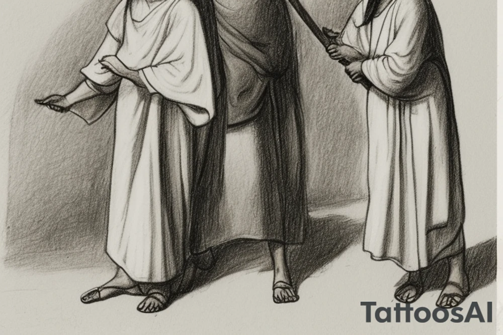 The man is dressed in simple clothes that are typical of the first century. He is wearing a long tunic, a white hat, and sandals. Hi wears a white tunica. He is holding a thick shepherd's staff in his left hand and is walking to the left. The background is blank.

The drawing is done in black lines on a blank background. The lines are simple and delicate, and they capture the man's thin, wiry frame. He seems to be lost in thought as he walks to the left.

The drawing has a sense of timelessness. The man's clothes are typical of the first century, but the drawing could have been made any time in the past 2,000 years. The blank background also contributes to the sense of timelessness. The man is walking facing the left. tattoo idea
