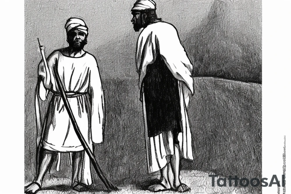The man is dressed in simple clothes that are typical of the first century. He is wearing a long tunic, a white hat, and sandals. Hi wears a white tunica. He is holding a thick shepherd's staff in his left hand and is walking to the left. The background is blank.

The drawing is done in black lines on a blank background. The lines are simple and delicate, and they capture the man's thin, wiry frame. He seems to be lost in thought as he walks to the left.

The drawing has a sense of timelessness. The man's clothes are typical of the first century, but the drawing could have been made any time in the past 2,000 years. The blank background also contributes to the sense of timelessness. The man is walking facing the left. tattoo idea