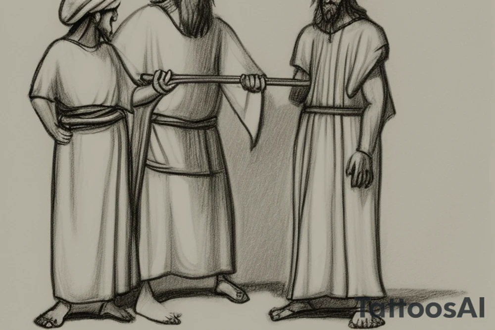 The man is dressed in simple clothes that are typical of the first century. He is wearing a long tunic, a white hat, and sandals. Hi wears a white tunica. He is holding a thick shepherd's staff in his left hand and is walking to the left. The background is blank.

The drawing is done in black lines on a blank background. The lines are simple and delicate, and they capture the man's thin, wiry frame. He seems to be lost in thought as he walks to the left.

The drawing has a sense of timelessness. The man's clothes are typical of the first century, but the drawing could have been made any time in the past 2,000 years. The blank background also contributes to the sense of timelessness. The man is walking facing the left. tattoo idea