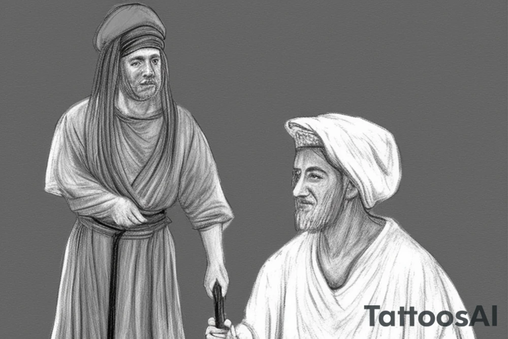 The man is dressed in simple clothes that are typical of the first century. He is wearing a long tunic, a white hat, and sandals. Hi wears a white tunica. He is holding a thick shepherd's staff in his left hand and is walking to the left. The background is blank.

The drawing is done in black lines on a blank background. The lines are simple and delicate, and they capture the man's thin, wiry frame. He seems to be lost in thought as he walks to the left.

The drawing has a sense of timelessness. The man's clothes are typical of the first century, but the drawing could have been made any time in the past 2,000 years. The blank background also contributes to the sense of timelessness. The man is walking facing the left. tattoo idea