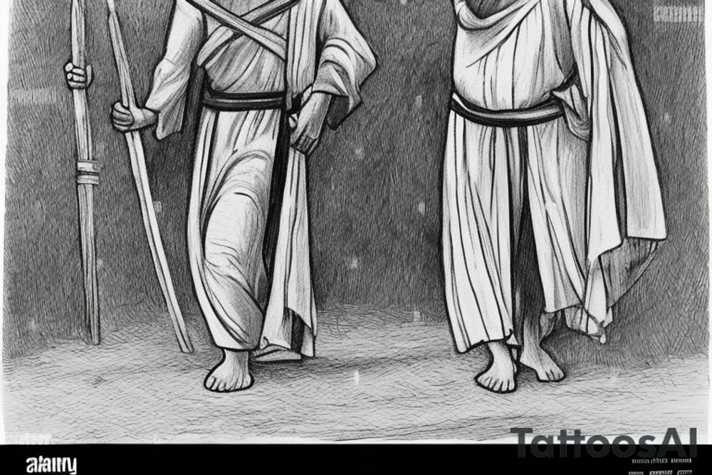 The man is dressed in simple clothes that are typical of the first century. He is wearing a long tunic, a white hat, and sandals. Hi wears a white tunica. He is holding a thick shepherd's staff in his left hand and is walking to the left. The background is blank.

The drawing is done in black lines on a blank background. The lines are simple and delicate, and they capture the man's thin, wiry frame. He seems to be lost in thought as he walks to the left.

The drawing has a sense of timelessness. The man's clothes are typical of the first century, but the drawing could have been made any time in the past 2,000 years. The blank background also contributes to the sense of timelessness. The man is walking facing the left. tattoo idea