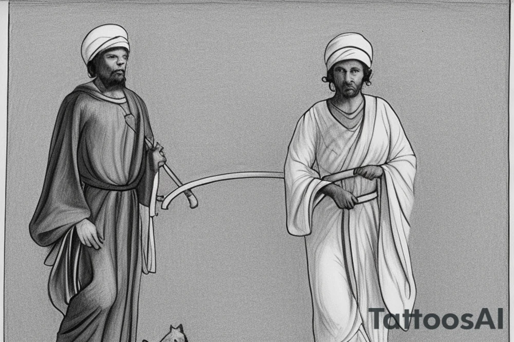 The man is dressed in simple clothes that are typical of the first century. He is wearing a long tunic, a white hat, and sandals. Hi wears a white tunica. He is holding a thick shepherd's staff in his left hand and is walking to the left. The background is blank.

The drawing is done in black lines on a blank background. The lines are simple and delicate, and they capture the man's thin, wiry frame. He seems to be lost in thought as he walks to the left.

The drawing has a sense of timelessness. The man's clothes are typical of the first century, but the drawing could have been made any time in the past 2,000 years. The blank background also contributes to the sense of timelessness. The man is walking facing the left. tattoo idea