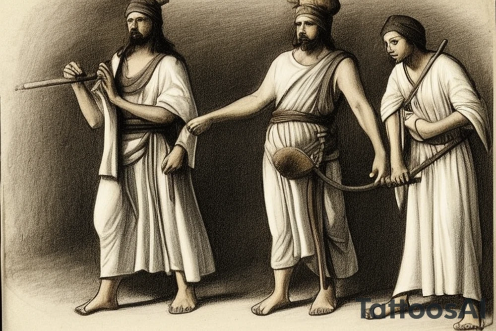 The man is dressed in simple clothes that are typical of the first century. He is wearing a long tunic, a white hat, and sandals. Hi wears a white tunica. He is holding a thick shepherd's staff in his left hand and is walking to the left. The background is blank.

The drawing is done in black lines on a blank background. The lines are simple and delicate, and they capture the man's thin, wiry frame. He seems to be lost in thought as he walks to the left.

The drawing has a sense of timelessness. The man's clothes are typical of the first century, but the drawing could have been made any time in the past 2,000 years. The blank background also contributes to the sense of timelessness. The man is walking facing the left. tattoo idea