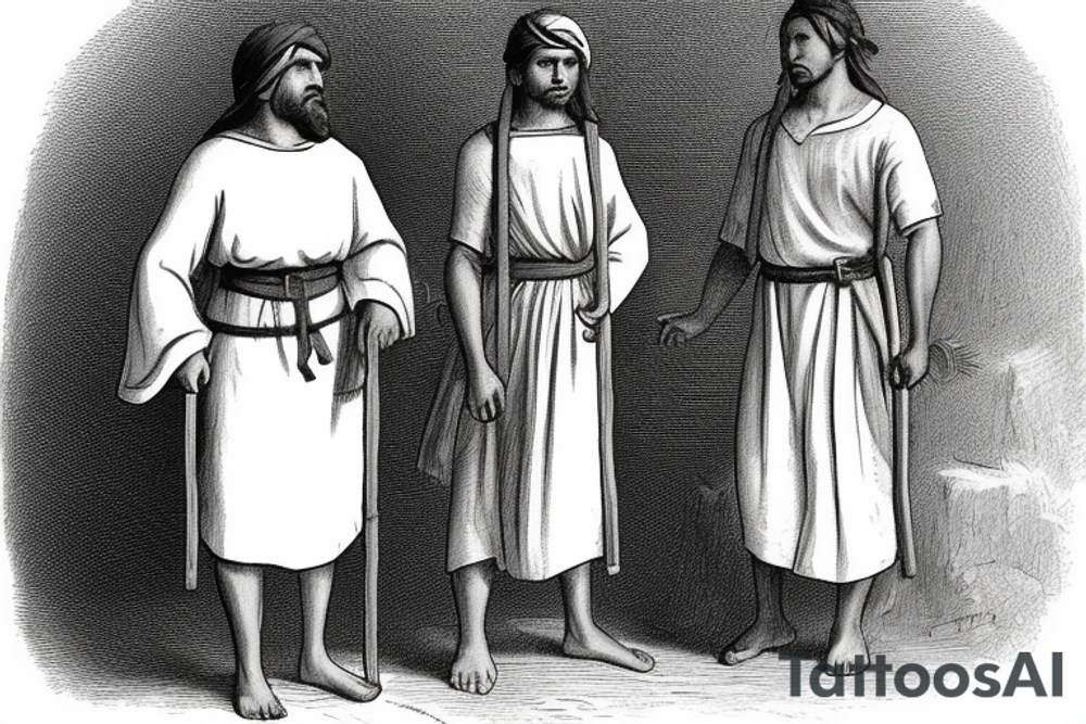 The man is dressed in simple clothes that are typical of the first century. He is wearing a long tunic, a white hat, and sandals. Hi wears a white tunica. He is holding a thick shepherd's staff in his left hand and is walking to the left. The background is blank.

The drawing is done in black lines on a blank background. The lines are simple and delicate, and they capture the man's thin, wiry frame. He seems to be lost in thought as he walks to the left.

The drawing has a sense of timelessness. The man's clothes are typical of the first century, but the drawing could have been made any time in the past 2,000 years. The blank background also contributes to the sense of timelessness. The man is walking facing the left. tattoo idea