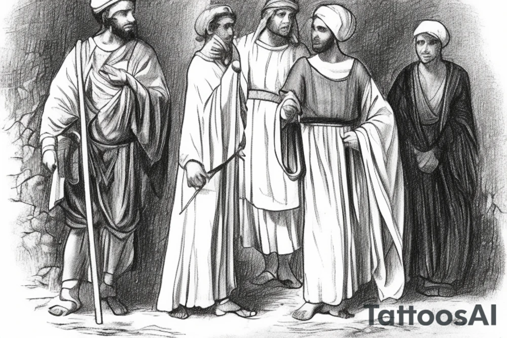 The man is dressed in simple clothes that are typical of the first century. He is wearing a long tunic, a white hat, and sandals. Hi wears a white tunica. He is holding a thick shepherd's staff in his left hand and is walking to the left. The background is blank.

The drawing is done in black lines on a blank background. The lines are simple and delicate, and they capture the man's thin, wiry frame. He seems to be lost in thought as he walks to the left.

The drawing has a sense of timelessness. The man's clothes are typical of the first century, but the drawing could have been made any time in the past 2,000 years. The blank background also contributes to the sense of timelessness. The man is walking facing the left. tattoo idea