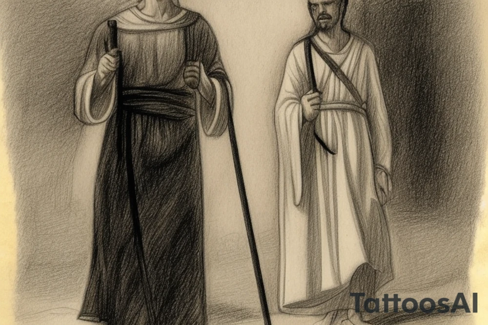 The man is dressed in simple clothes that are typical of the first century. He is wearing a long tunic, a white hat, and sandals. Hi wears a white tunica. He is holding a thick shepherd's staff in his left hand and is walking to the left. The background is blank.

The drawing is done in black lines on a blank background. The lines are simple and delicate, and they capture the man's thin, wiry frame. He seems to be lost in thought as he walks to the left.

The drawing has a sense of timelessness. The man's clothes are typical of the first century, but the drawing could have been made any time in the past 2,000 years. The blank background also contributes to the sense of timelessness. The man is walking facing the left. tattoo idea