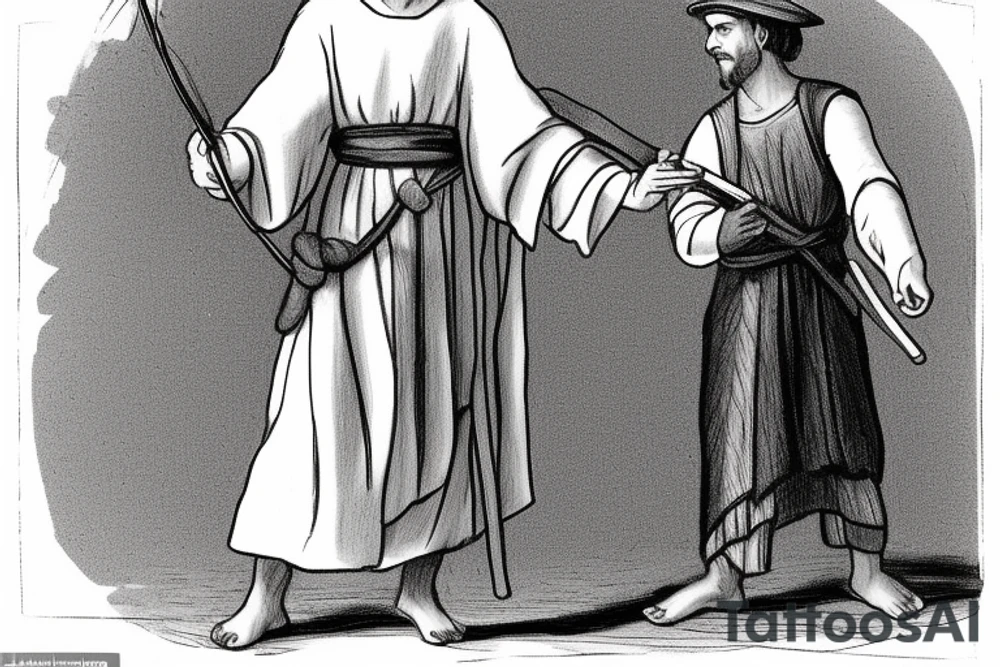 The man is dressed in simple clothes that are typical of the first century. He is wearing a long tunic, a white hat, and sandals. Hi wears a white tunica. He is holding a thick shepherd's staff in his left hand and is walking to the left. The background is blank.

The drawing is done in black lines on a blank background. The lines are simple and delicate, and they capture the man's thin, wiry frame. He seems to be lost in thought as he walks to the left.

The drawing has a sense of timelessness. The man's clothes are typical of the first century, but the drawing could have been made any time in the past 2,000 years. The blank background also contributes to the sense of timelessness. The man is walking facing the left. tattoo idea
