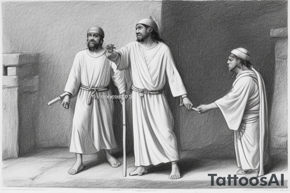 The man is dressed in simple clothes that are typical of the first century. He is wearing a long tunic, a white hat, and sandals. Hi wears a white tunica. He is holding a thick shepherd's staff in his left hand and is walking to the left. The background is blank.

The drawing is done in black lines on a blank background. The lines are simple and delicate, and they capture the man's thin, wiry frame. He seems to be lost in thought as he walks to the left.

The drawing has a sense of timelessness. The man's clothes are typical of the first century, but the drawing could have been made any time in the past 2,000 years. The blank background also contributes to the sense of timelessness. The man is walking facing the left. tattoo idea
