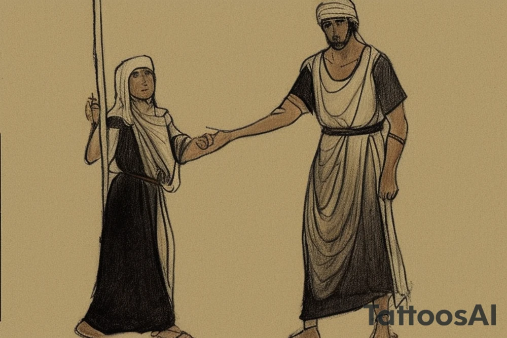 The man is dressed in simple clothes that are typical of the first century. He is wearing a long tunic, a white hat, and sandals. Hi wears a white tunica. He is holding a thick shepherd's staff in his left hand and is walking to the left. The background is blank.

The drawing is done in black lines on a blank background. The lines are simple and delicate, and they capture the man's thin, wiry frame. He seems to be lost in thought as he walks to the left.

The drawing has a sense of timelessness. The man's clothes are typical of the first century, but the drawing could have been made any time in the past 2,000 years. The blank background also contributes to the sense of timelessness. The man is walking facing the left. tattoo idea