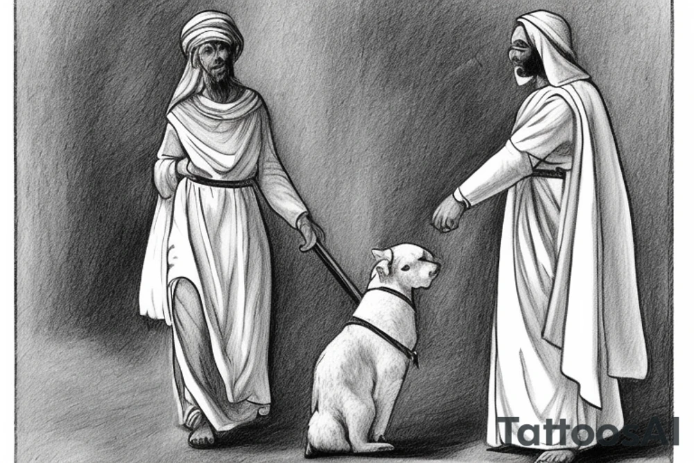 The man is dressed in simple clothes that are typical of the first century. He is wearing a long tunic, a white hat, and sandals. Hi wears a white tunica. He is holding a thick shepherd's staff in his left hand and is walking to the left. The background is blank.

The drawing is done in black lines on a blank background. The lines are simple and delicate, and they capture the man's thin, wiry frame. He seems to be lost in thought as he walks to the left.

The drawing has a sense of timelessness. The man's clothes are typical of the first century, but the drawing could have been made any time in the past 2,000 years. The blank background also contributes to the sense of timelessness. The man is walking facing the left. tattoo idea