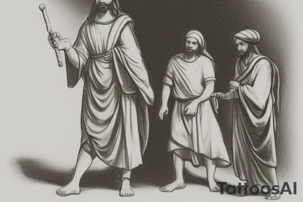 The man is dressed in simple clothes that are typical of the first century. He is wearing a long tunic, a white hat, and sandals. Hi wears a white tunica. He is holding a thick shepherd's staff in his left hand and is walking to the left. The background is blank.

The drawing is done in black lines on a blank background. The lines are simple and delicate, and they capture the man's thin, wiry frame. He seems to be lost in thought as he walks to the left.

The drawing has a sense of timelessness. The man's clothes are typical of the first century, but the drawing could have been made any time in the past 2,000 years. The blank background also contributes to the sense of timelessness. The man is walking facing the left. tattoo idea