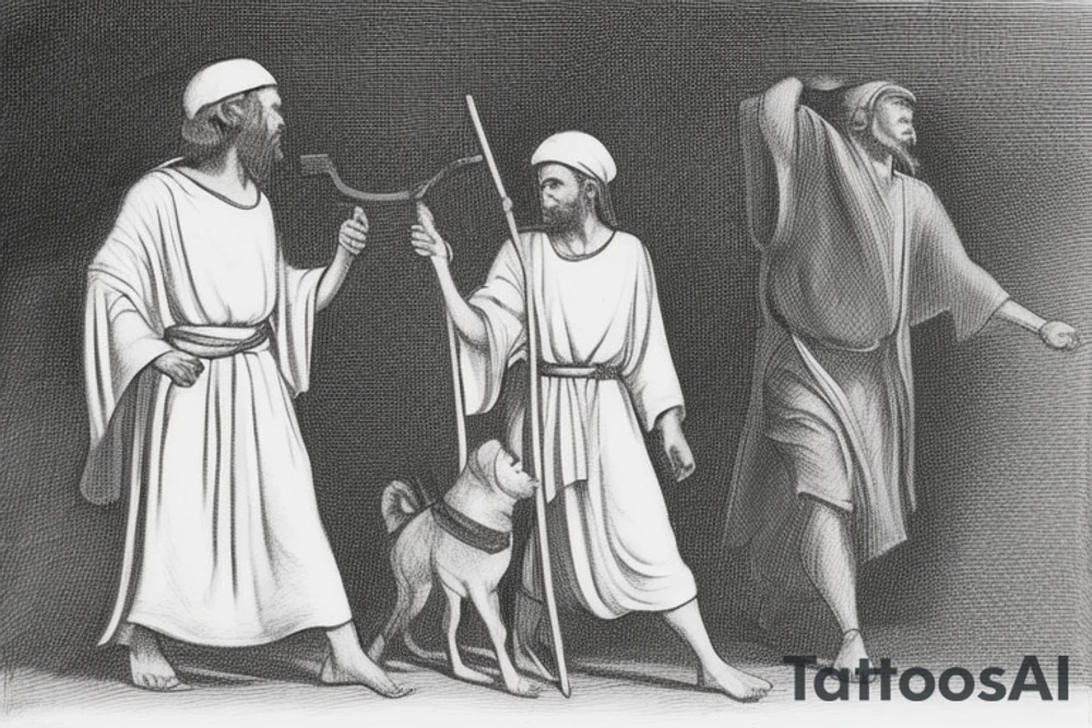 The man is dressed in simple clothes that are typical of the first century. He is wearing a long tunic, a white hat, and sandals. Hi wears a white tunica. He is holding a thick shepherd's staff in his left hand and is walking to the left. The background is blank.

The drawing is done in black lines on a blank background. The lines are simple and delicate, and they capture the man's thin, wiry frame. He seems to be lost in thought as he walks to the left.

The drawing has a sense of timelessness. The man's clothes are typical of the first century, but the drawing could have been made any time in the past 2,000 years. The blank background also contributes to the sense of timelessness. The man is walking facing the left. tattoo idea