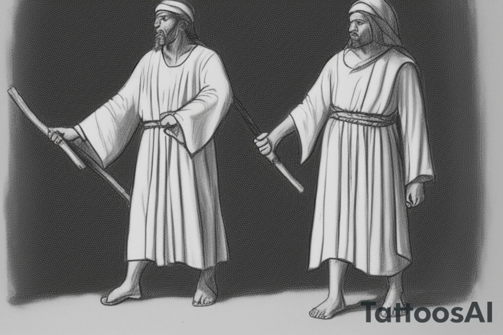 The man is dressed in simple clothes that are typical of the first century. He is wearing a long tunic, a white hat, and sandals. Hi wears a white tunica. He is holding a thick shepherd's staff in his left hand and is walking to the left. The background is blank.

The drawing is done in black lines on a blank background. The lines are simple and delicate, and they capture the man's thin, wiry frame. He seems to be lost in thought as he walks to the left.

The drawing has a sense of timelessness. The man's clothes are typical of the first century, but the drawing could have been made any time in the past 2,000 years. The blank background also contributes to the sense of timelessness. The man is walking facing the left. tattoo idea