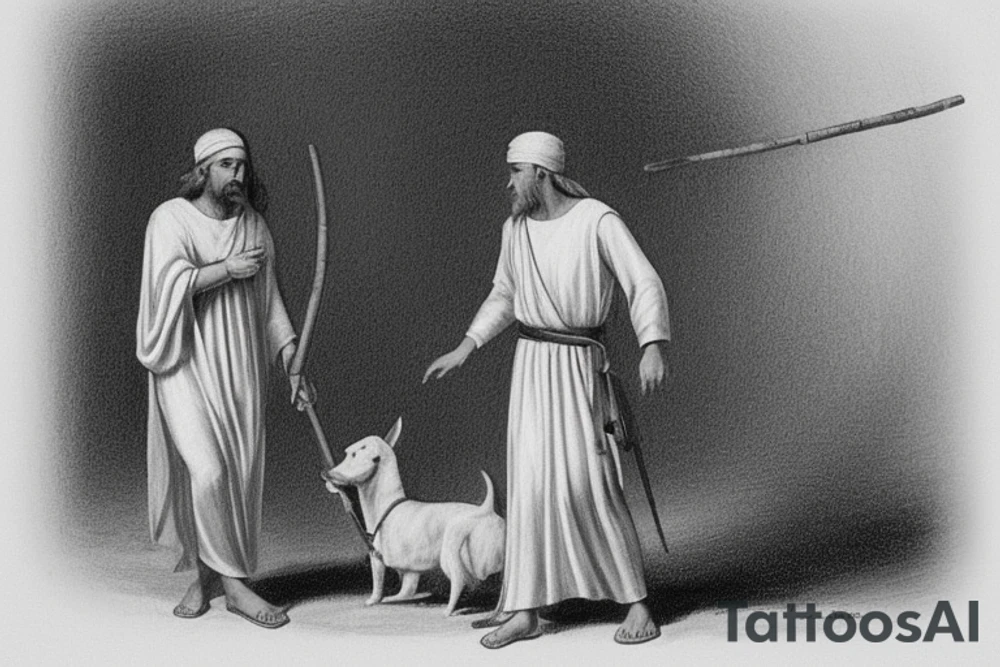 The man is dressed in simple clothes that are typical of the first century. He is wearing a long tunic, a white hat, and sandals. Hi wears a white tunica. He is holding a thick shepherd's staff in his left hand and is walking to the left. The background is blank.

The drawing is done in black lines on a blank background. The lines are simple and delicate, and they capture the man's thin, wiry frame. He seems to be lost in thought as he walks to the left.

The drawing has a sense of timelessness. The man's clothes are typical of the first century, but the drawing could have been made any time in the past 2,000 years. The blank background also contributes to the sense of timelessness. The man is walking facing the left. tattoo idea